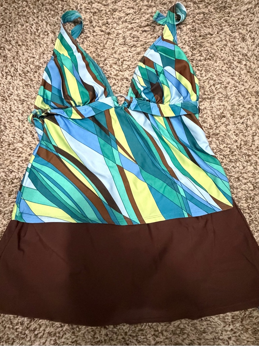 Colorful Teal & Brown Printed Tankini Swim Dress
